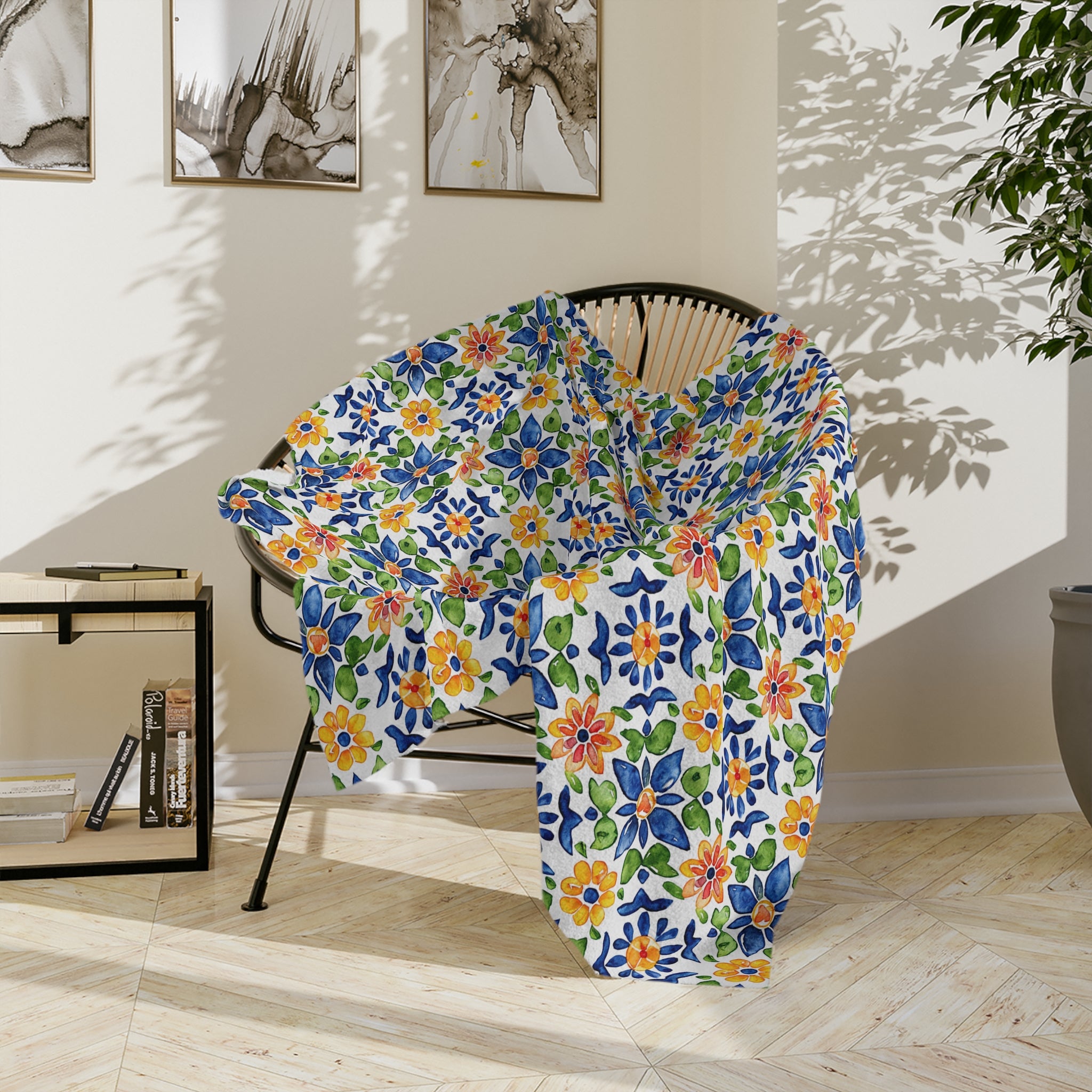 Sol y Alegría (Sun and Joy) Collection- Floral Mosaic Velveteen Blanket Blue & Yellow Microfiber Throw - Creations by Chris and Carlos