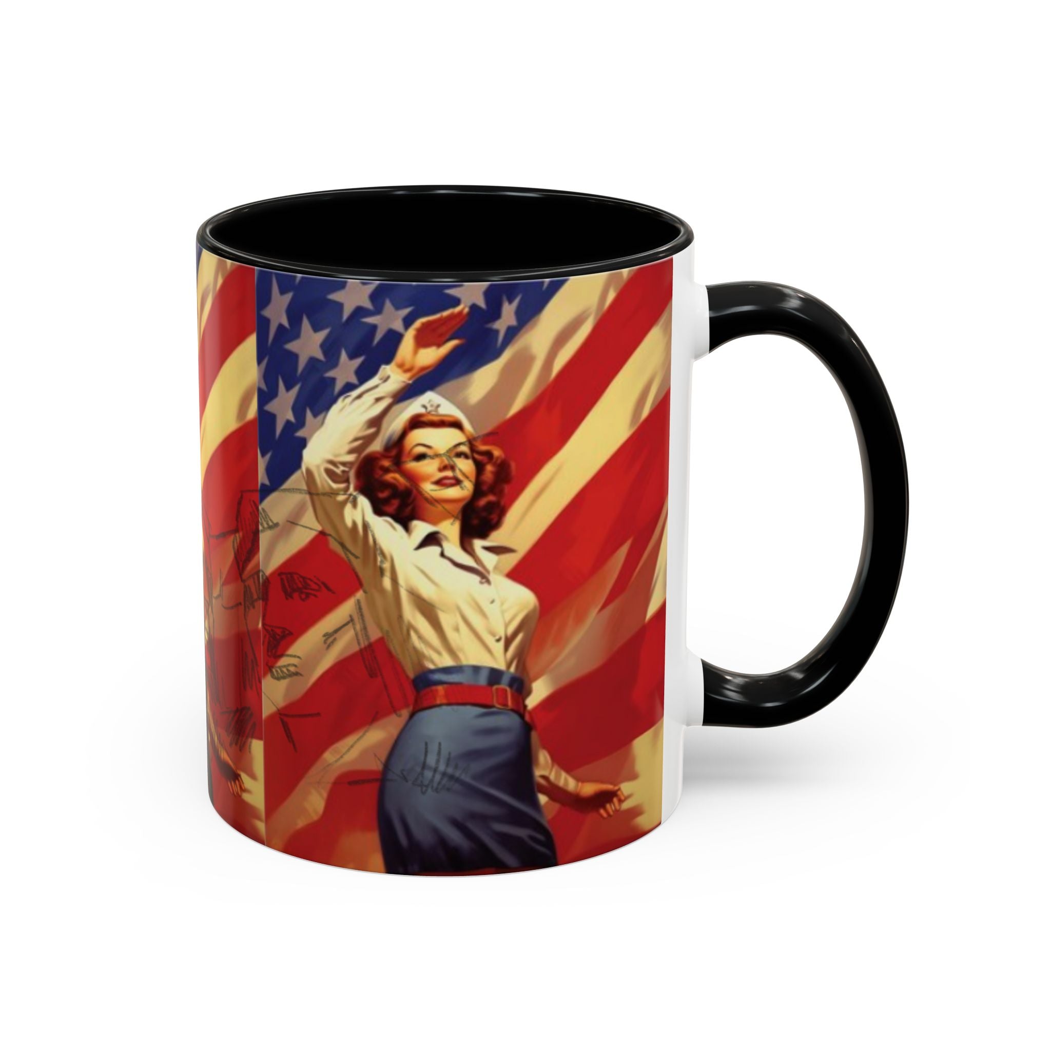 Patriotic Pin-Up Coffee Mug — Vintage American Flag Accent (11/15 oz) - Creations by Chris and Carlos
