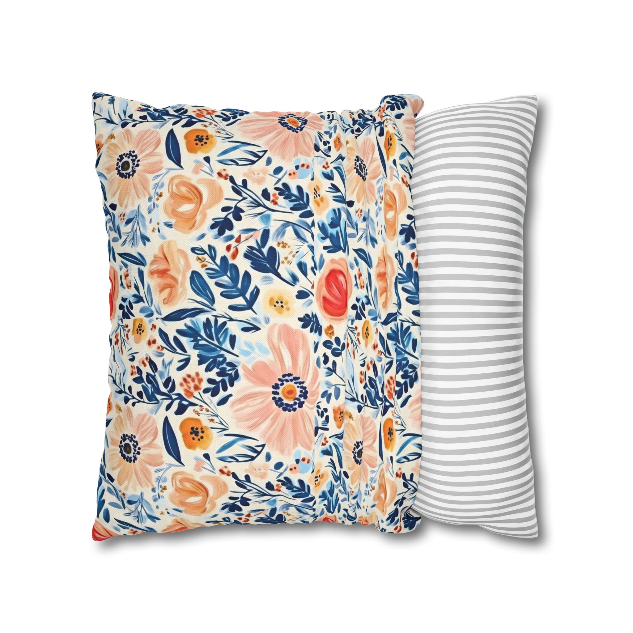 The Artisanal Flora Gallery Floral Watercolor Throw Pillow Cover — Peach & Navy Garden Pattern - Creations by Chris and Carlos