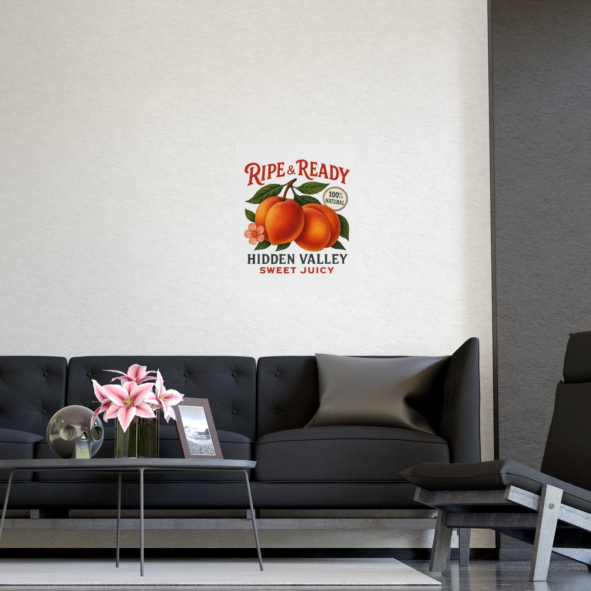 Ripe & Ready Peach Poster — Vintage Fruit Kitchen Wall Art (Hidden Valley, Sweet Juicy) - Creations by Chris and Carlos
