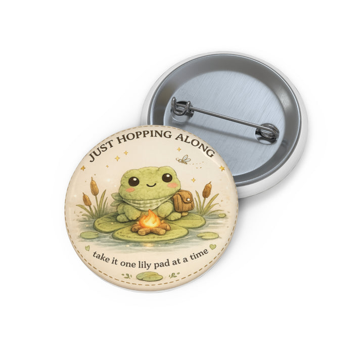Just Hopping Along Frog Pin Button — Cute Inspirational Enamel-Style Badge, “take it one lily pad at a time”