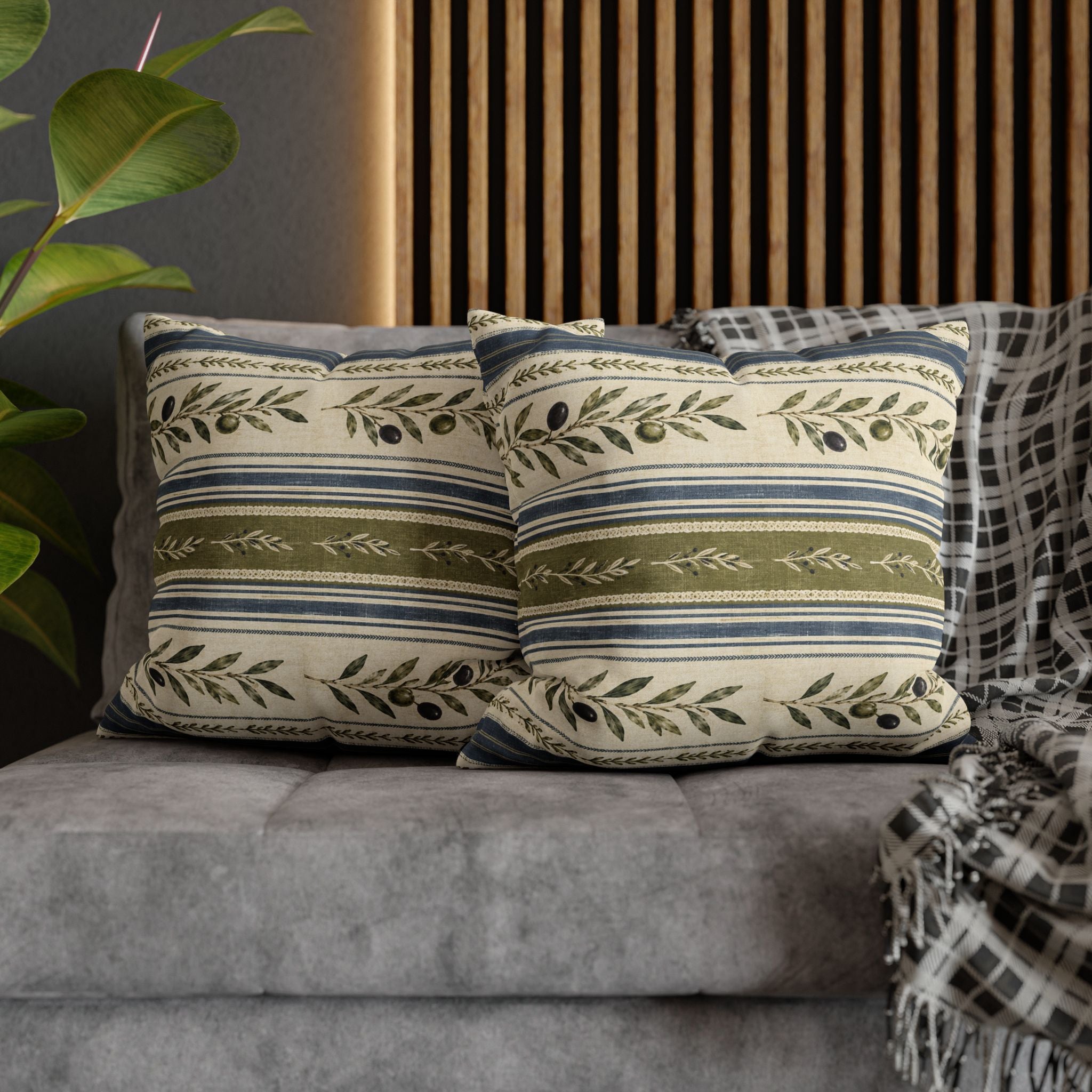Olive & Navy Olive Branch Striped Throw Pillowcase - Creations by Chris and Carlos