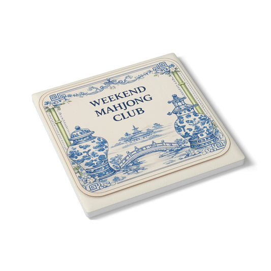 Weekend Mahjong Club Ceramic Coaster – Blue Chinoiserie Tile Drink Coaster - Creations by Chris and Carlos