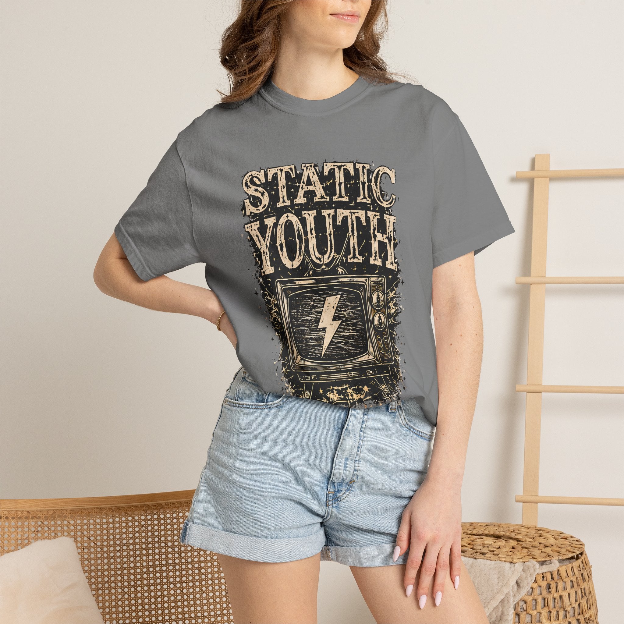 Static Youth Graphic Tee — Vintage TV Lightning Bolt "Old Soul Replay" - Creations by Chris and Carlos