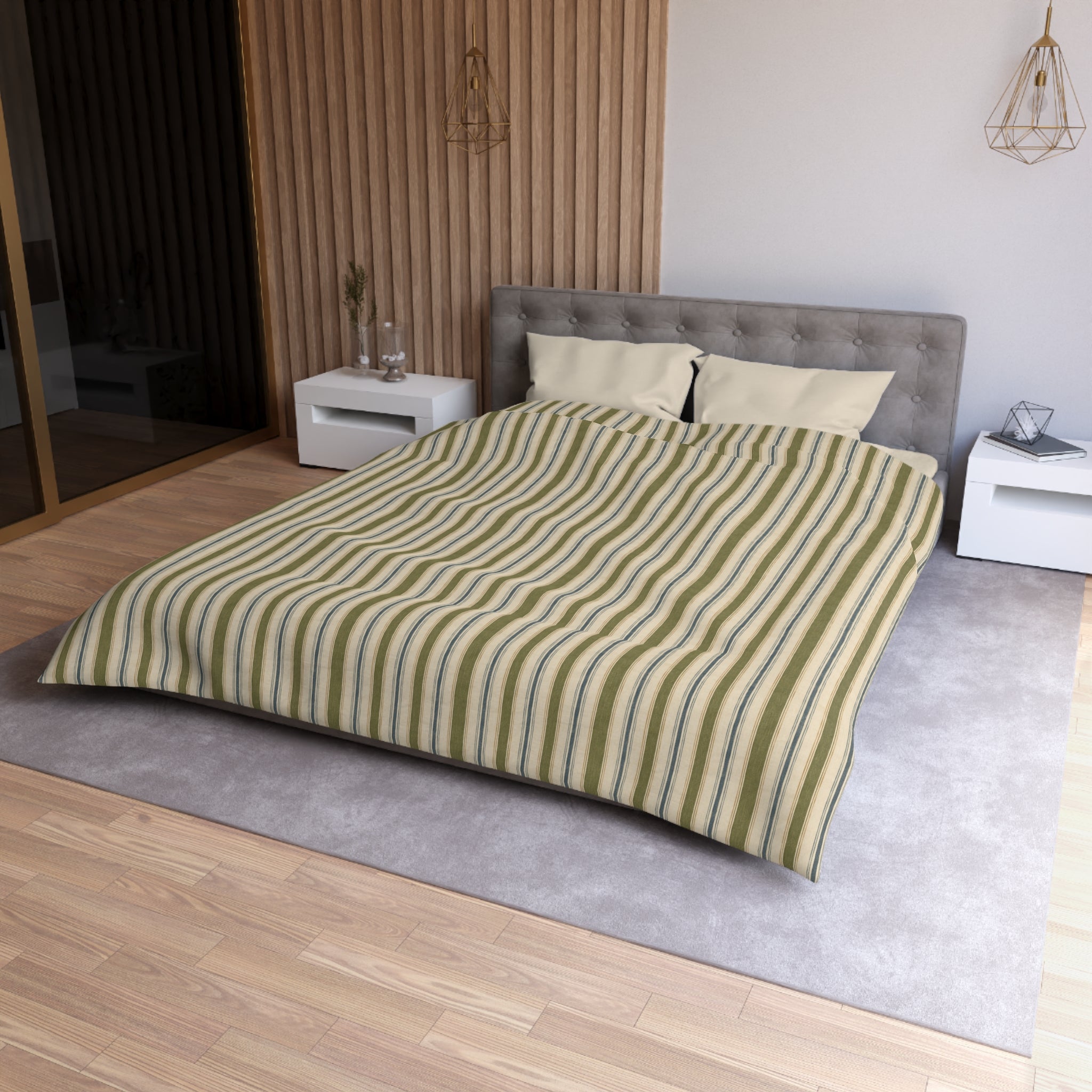 Striped Microfiber Duvet Cover — Soft Neutral Olive & Beige Vertical Stripe Bedding - Creations by Chris and Carlos