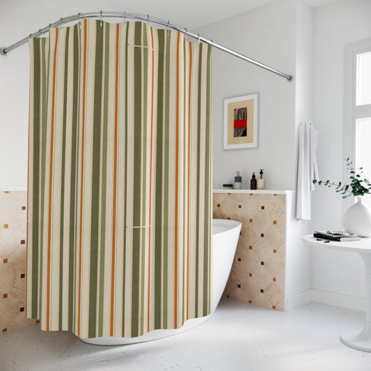 Striped Green & Rust Shower Curtain — Classic Vertical Stripe Bathroom Curtain - Creations by Chris and Carlos