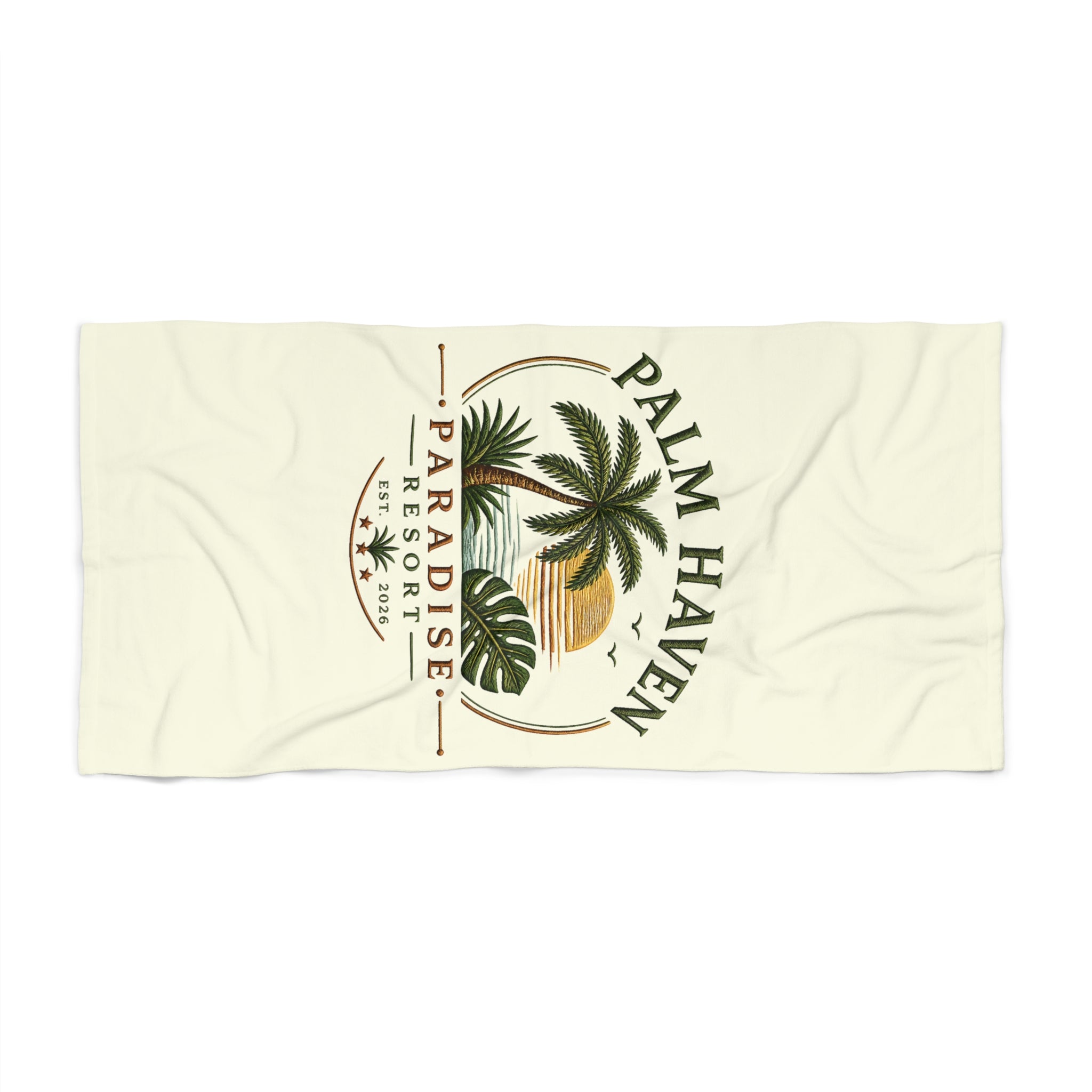 Palm Haven Paradise Beach Towel — Retro Palm Tree Resort Design - Creations by Chris and Carlos