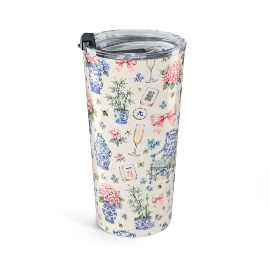 20oz Chinoiserie Floral Tumbler – Blue & Pink Porcelain Pattern Insulated Travel Cup - Creations by Chris and Carlos
