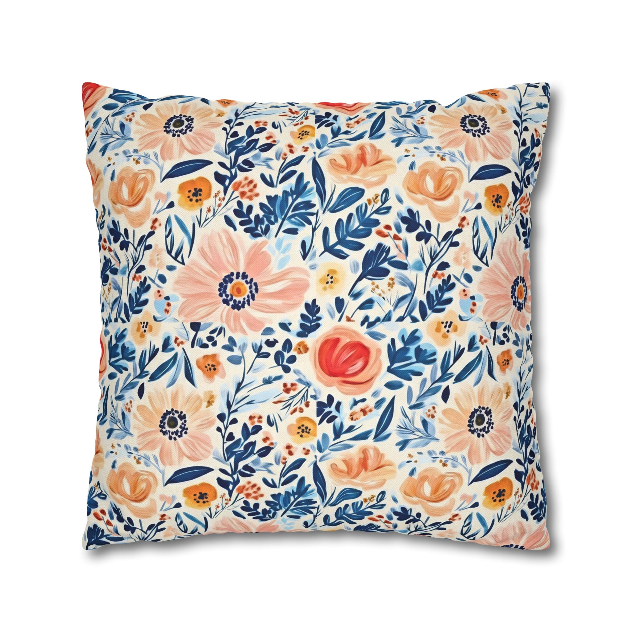 The Artisanal Flora Gallery Floral Watercolor Throw Pillow Cover — Peach & Navy Garden Pattern - Creations by Chris and Carlos