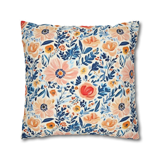 The Artisanal Flora Gallery Floral Watercolor Throw Pillow Cover — Peach & Navy Garden Pattern - Creations by Chris and Carlos