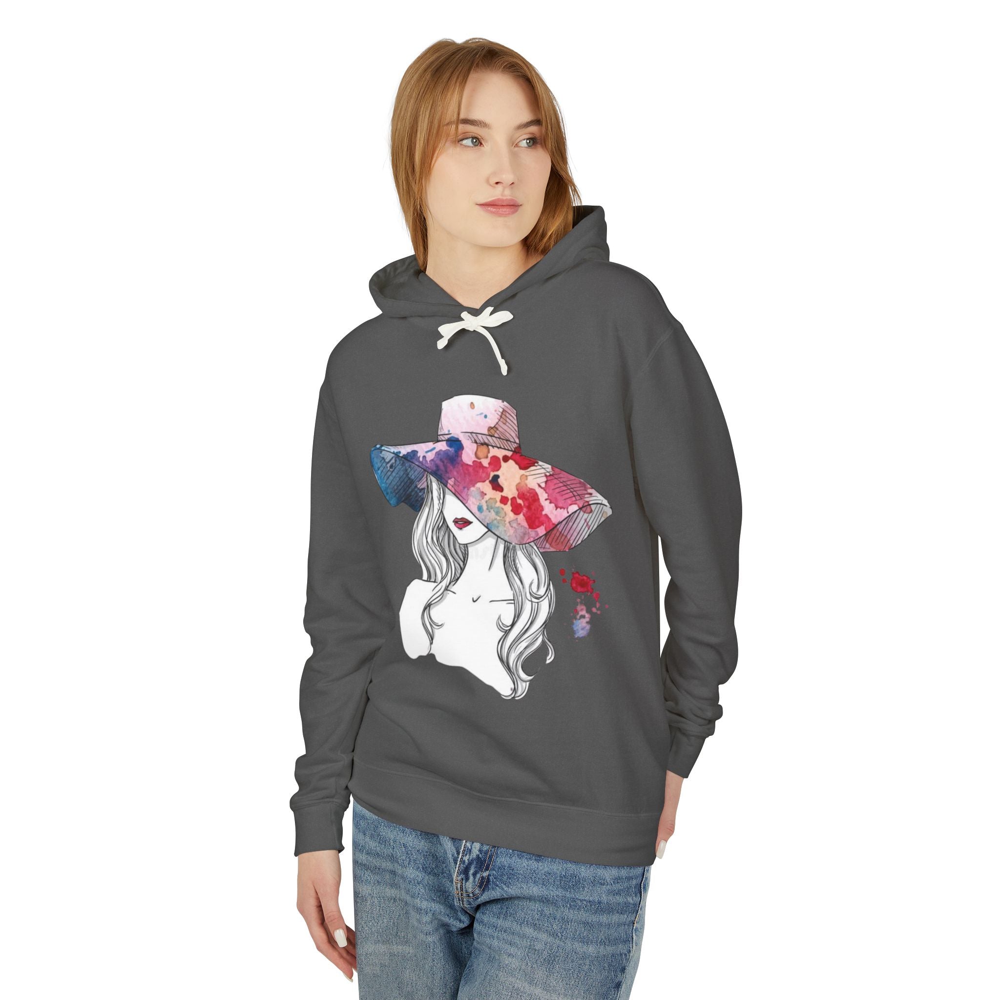 Watercolor Hat Lady Hoodie — Floral Sunhat Portrait Pullover - Creations by Chris and Carlos