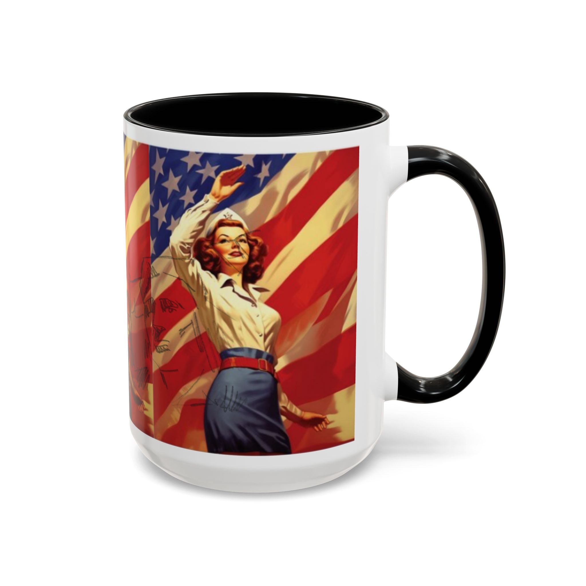 Patriotic Pin-Up Coffee Mug — Vintage American Flag Accent (11/15 oz) - Creations by Chris and Carlos