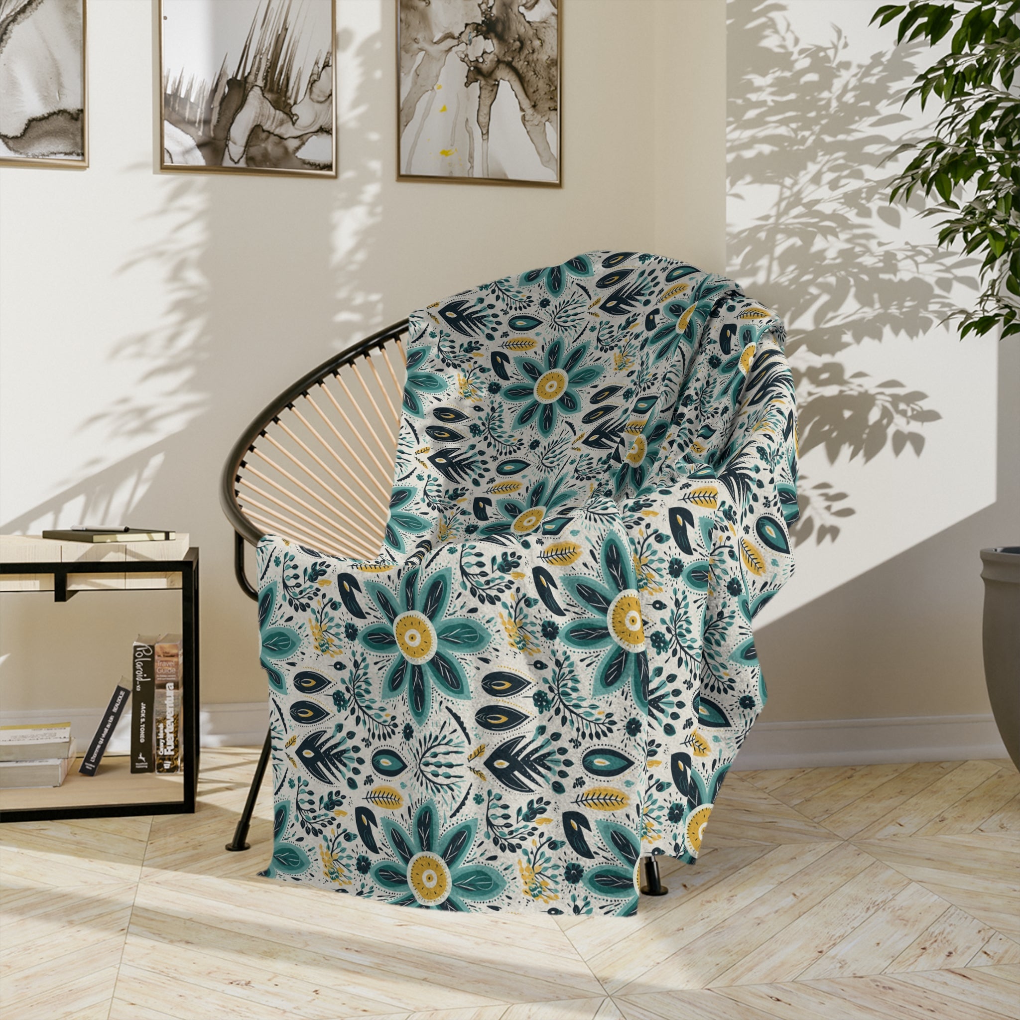 Sol y Alegría (Sun and Joy) Collection-Floral Teal Velvet Microfiber Blanket Boho Flower Pattern Throw - Creations by Chris and Carlos