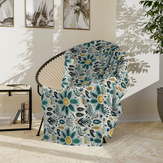 Sol y Alegría (Sun and Joy) Collection-Floral Teal Velvet Microfiber Blanket Boho Flower Pattern Throw - Creations by Chris and Carlos