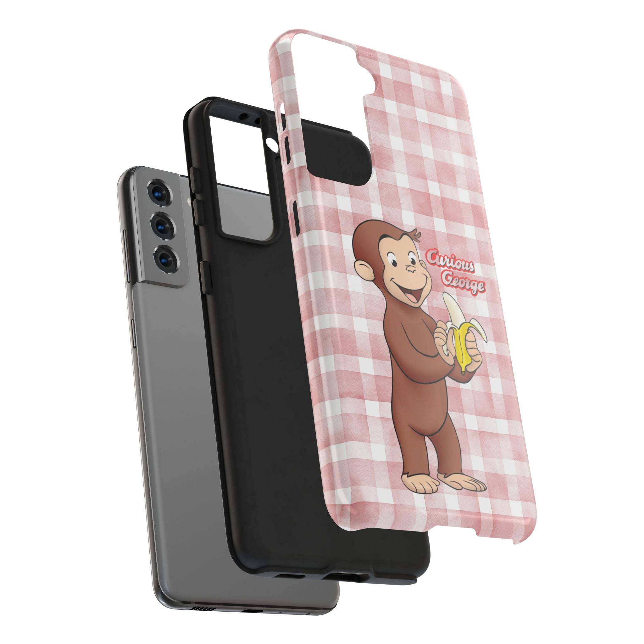 Curious George Banana Tough Phone Case — Cute Kids iPhone Cover, Pink Gingham Protective Case - Creations by Chris and Carlos