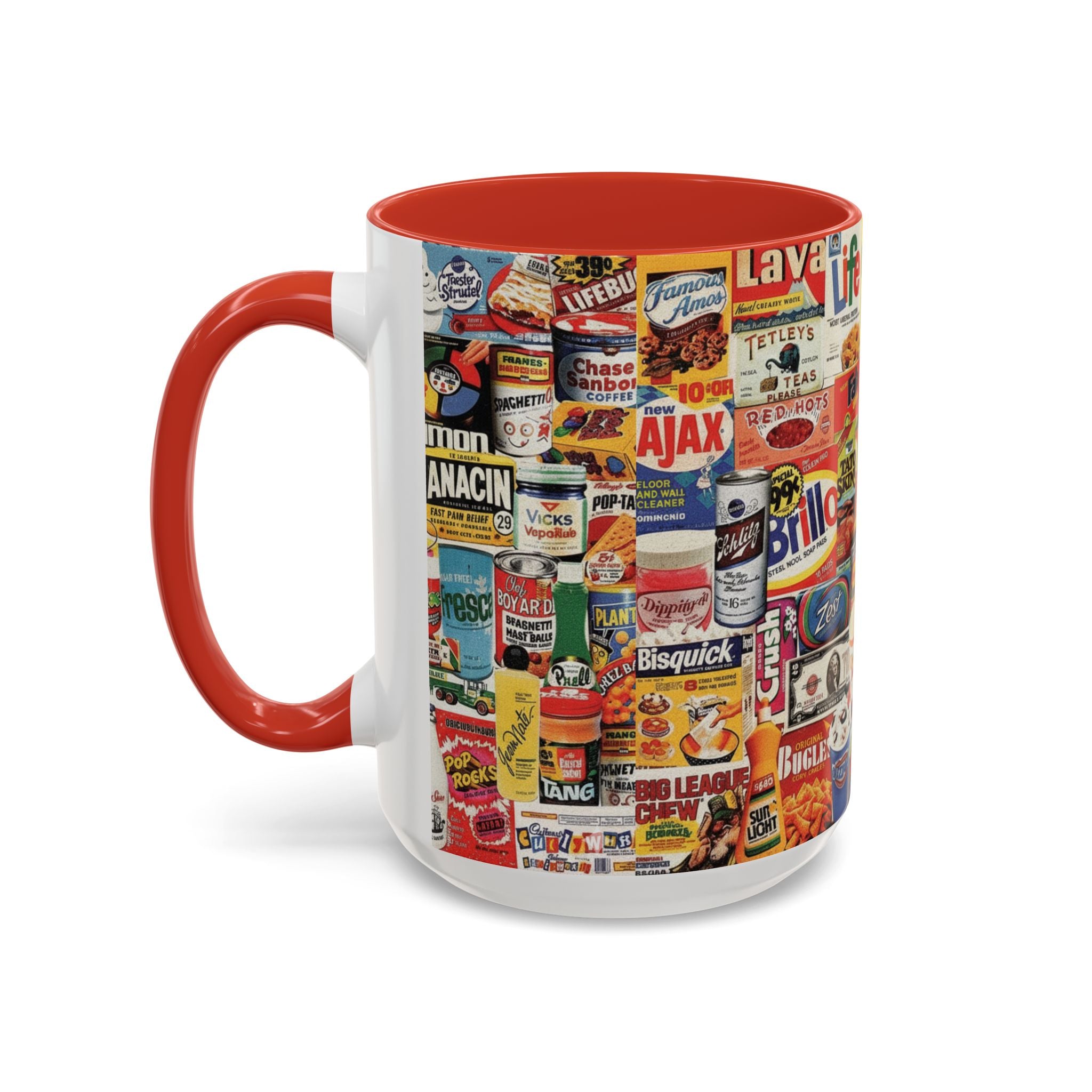 Vintage Retro Ads Coffee Mug — Collage of Classic Brand Labels (11/15oz Accent Mug) - Creations by Chris and Carlos