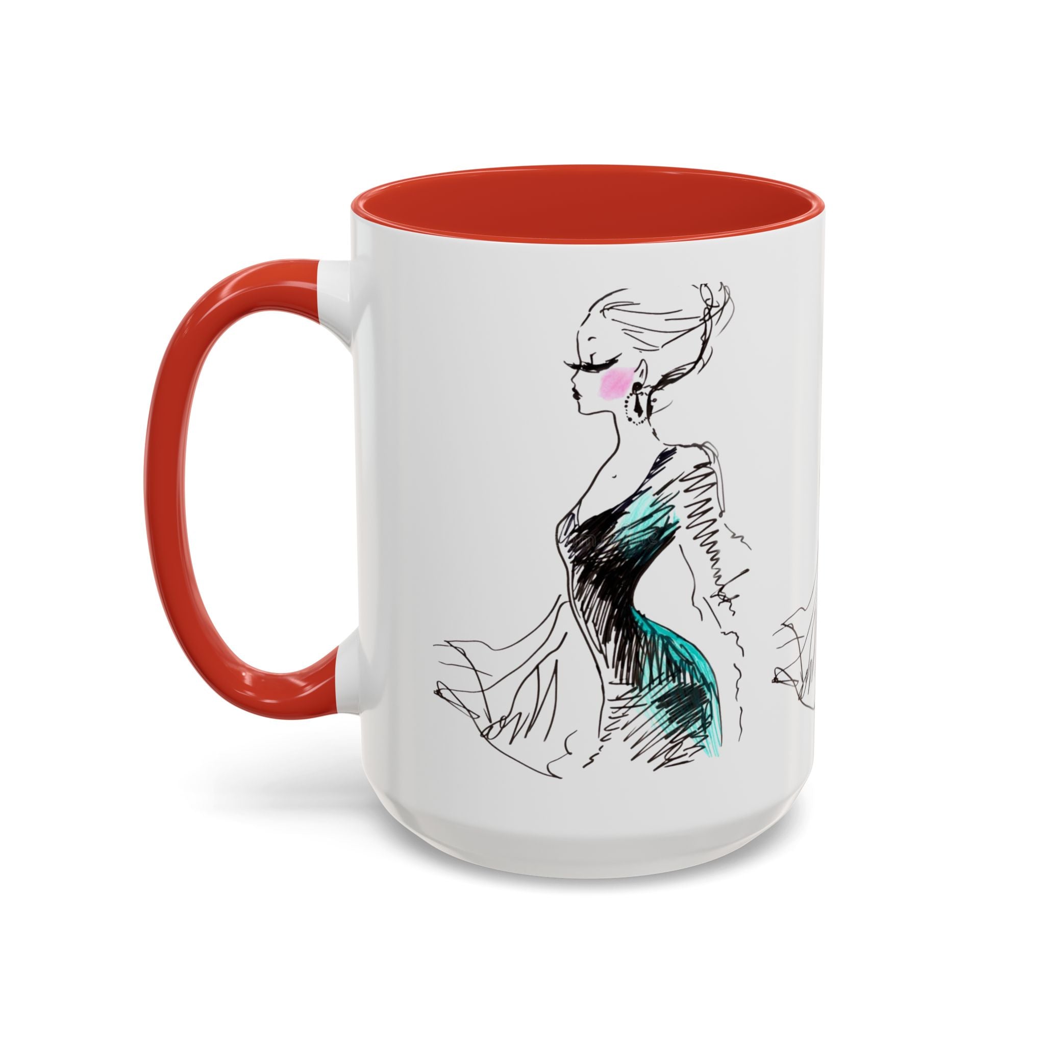 Fashion Sketch Accent Coffee Mug — Chic Hand-Drawn Dress Illustration (11/15 oz) - Creations by Chris and Carlos