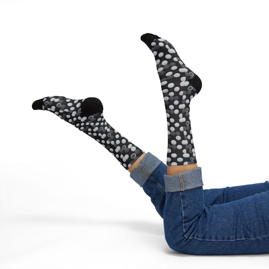 Prism Point Athletic Collection- Black & White Bubble Pattern Sublimation Socks Retro Polka Dot Crew Socks - Creations by Chris and Carlos