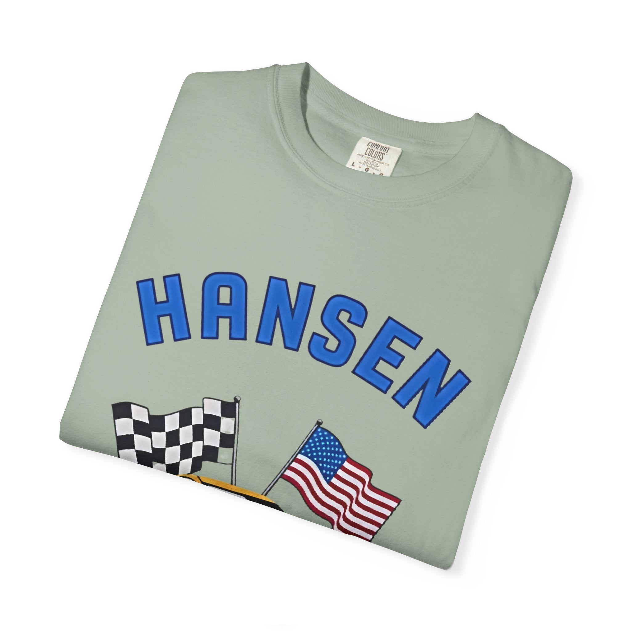 The Pitt TV Show Pit Crew Racing T‑Shirt — 'Hansen' Sports Car with Checkered Flag & American Flag - Creations by Chris and Carlos