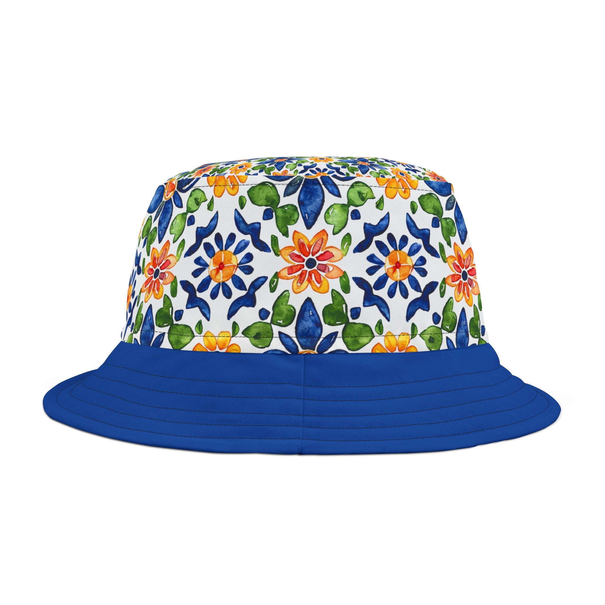 Sol y Alegría (Sun and Joy) Collection- Floral Tile Blue Bucket Hat — Mediterranean Mosaic Garden Print - Creations by Chris and Carlos