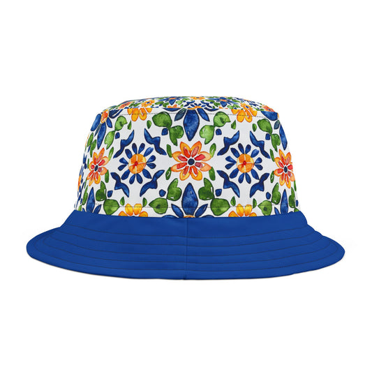 Sol y Alegría (Sun and Joy) Collection- Floral Tile Blue Bucket Hat — Mediterranean Mosaic Garden Print - Creations by Chris and Carlos