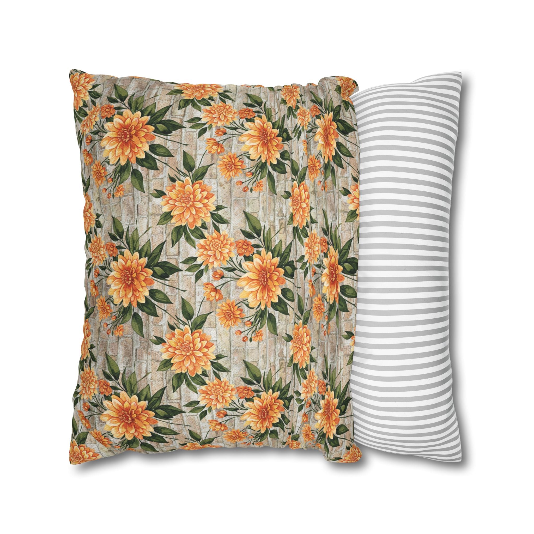 The Artisanal Flora Gallery Floral Sunburst Square Pillowcase — Orange Dahlia Botanical Throw Pillow Cover - Creations by Chris and Carlos