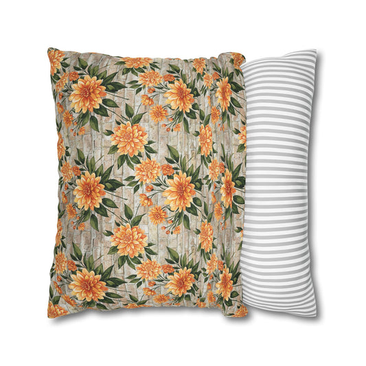 The Artisanal Flora Gallery Floral Sunburst Square Pillowcase — Orange Dahlia Botanical Throw Pillow Cover - Creations by Chris and Carlos