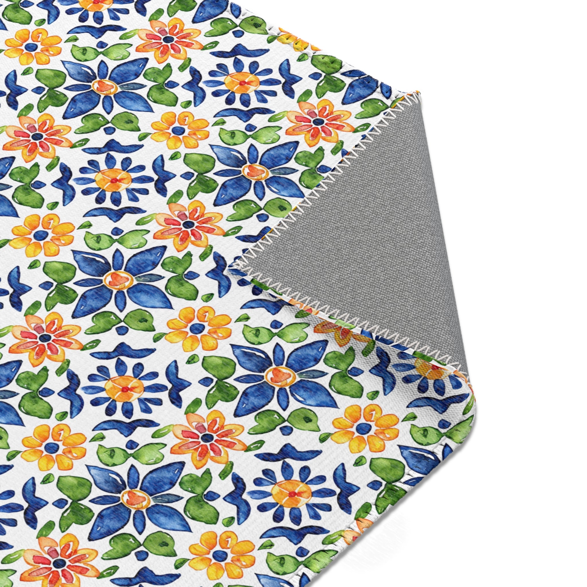 Sol y Alegría (Sun and Joy) Collection- Mediterranean Floral Area Rug — Colorful Blue & Yellow Tile Pattern - Creations by Chris and Carlos