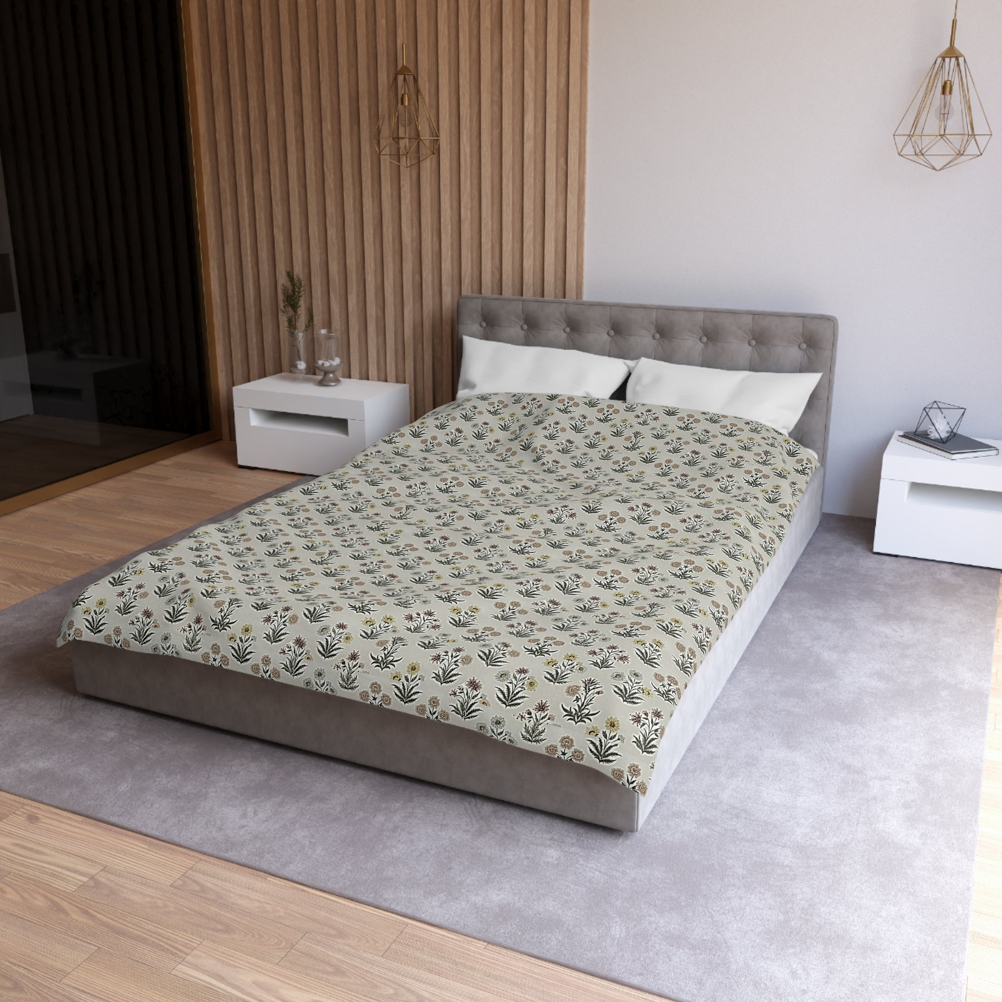 Floral Folk Pattern Duvet Cover — Neutral Microfiber Bedding - Creations by Chris and Carlos
