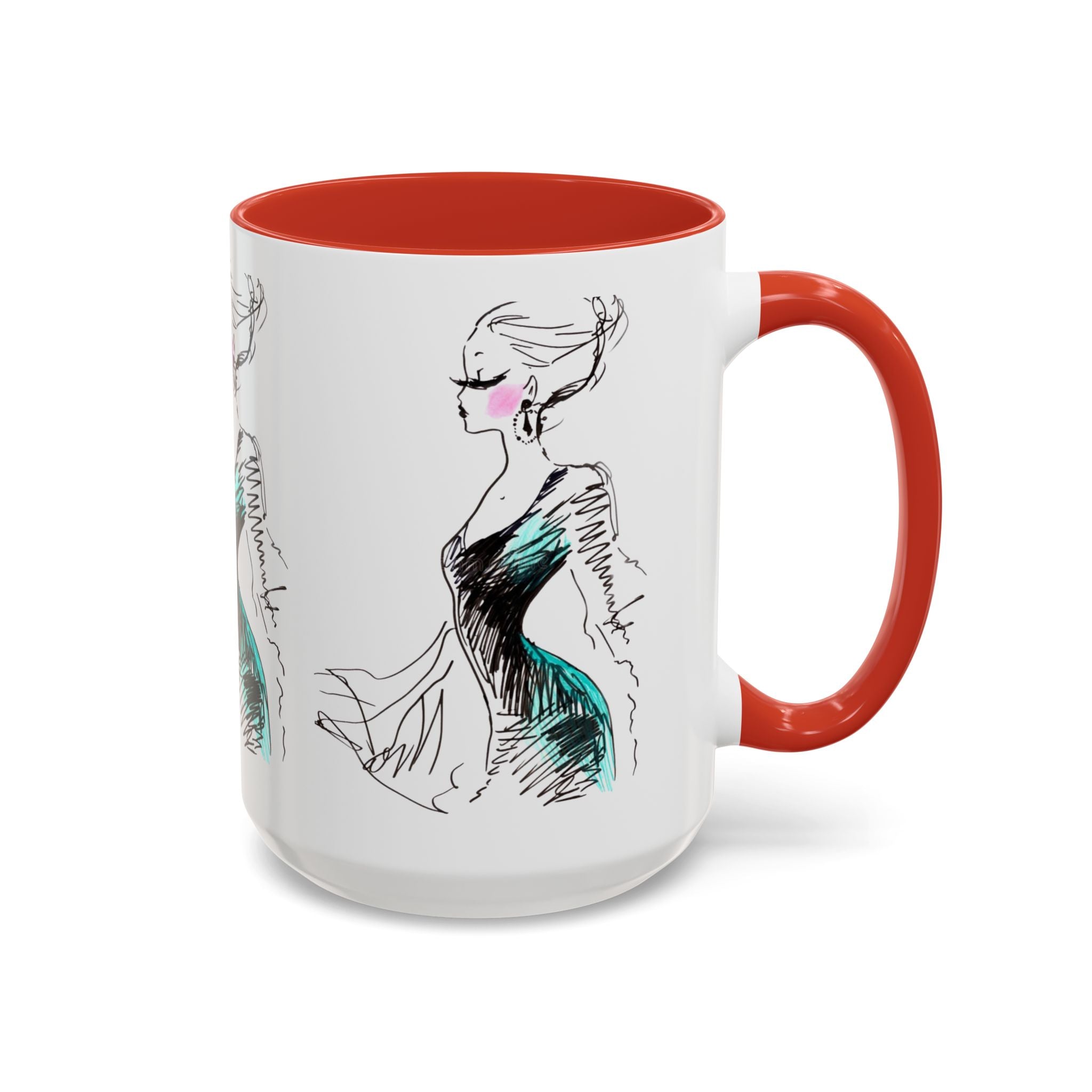 Fashion Sketch Accent Coffee Mug — Chic Hand-Drawn Dress Illustration (11/15 oz) - Creations by Chris and Carlos