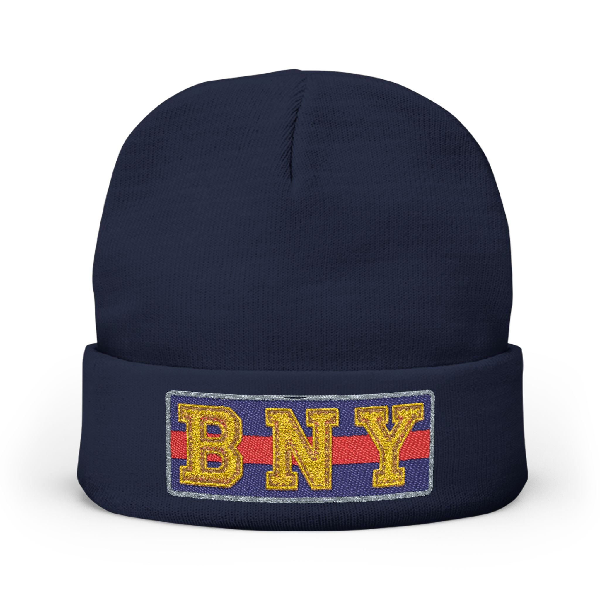 BNY Embroidered Knit Beanie – Vintage Letter Patch Winter Hat - Creations by Chris and Carlos