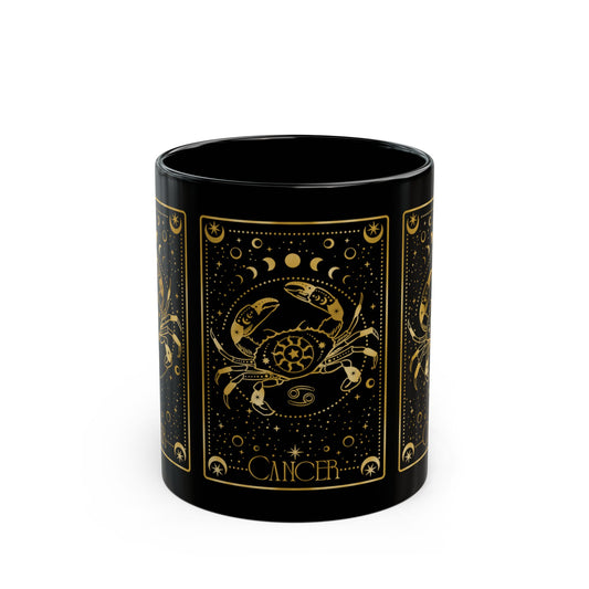 Cancer Zodiac Black Mug — Gold Astrological Tarot-Style Coffee Cup (11oz/15oz) - Creations by Chris and Carlos