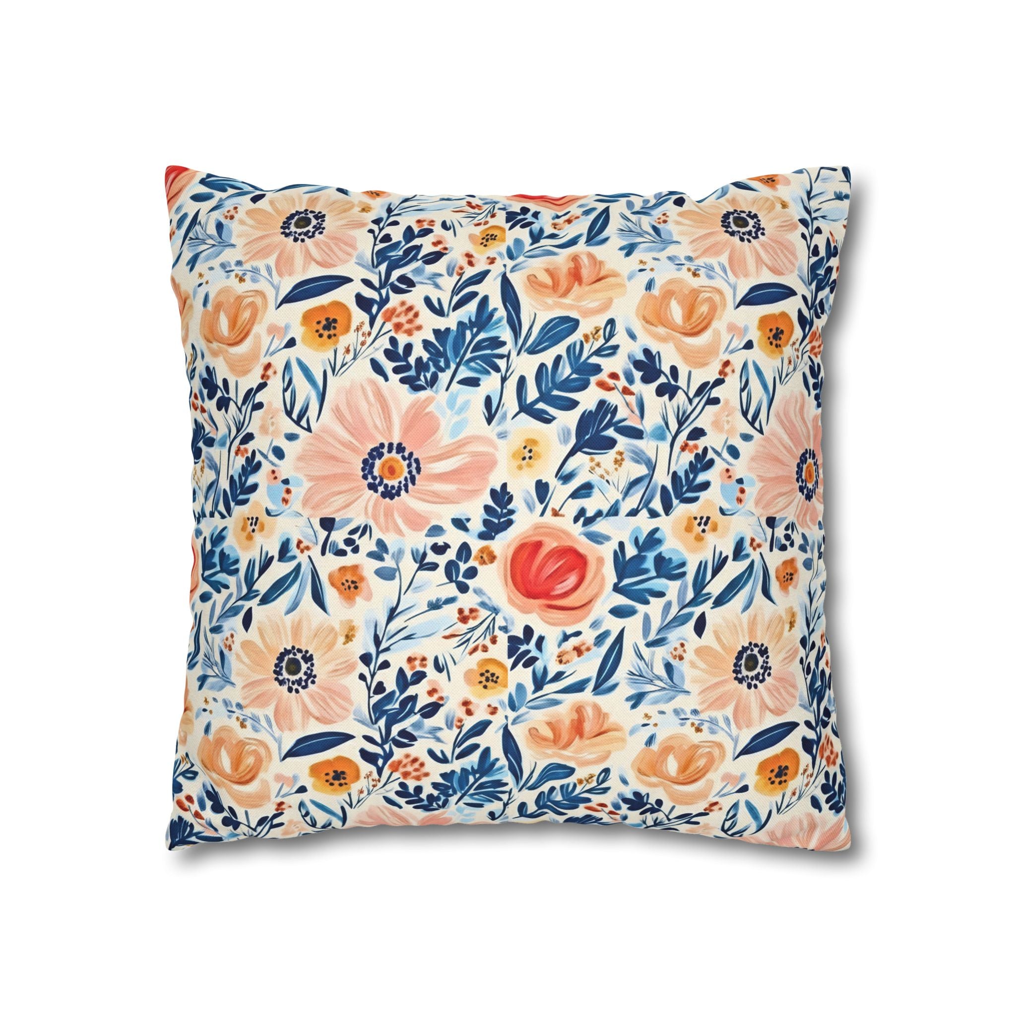 The Artisanal Flora Gallery Floral Watercolor Throw Pillow Cover — Peach & Navy Garden Pattern - Creations by Chris and Carlos