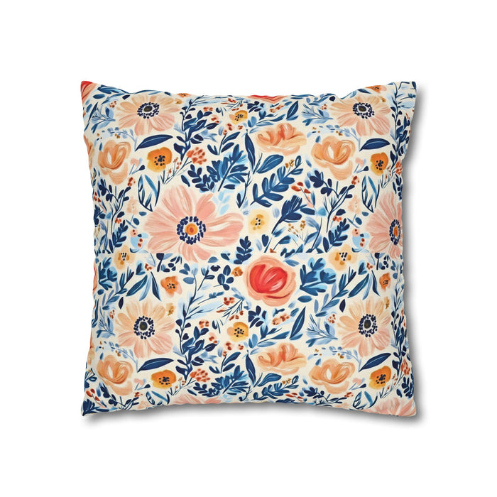 The Artisanal Flora Gallery Floral Watercolor Throw Pillow Cover — Peach & Navy Garden Pattern - Creations by Chris and Carlos