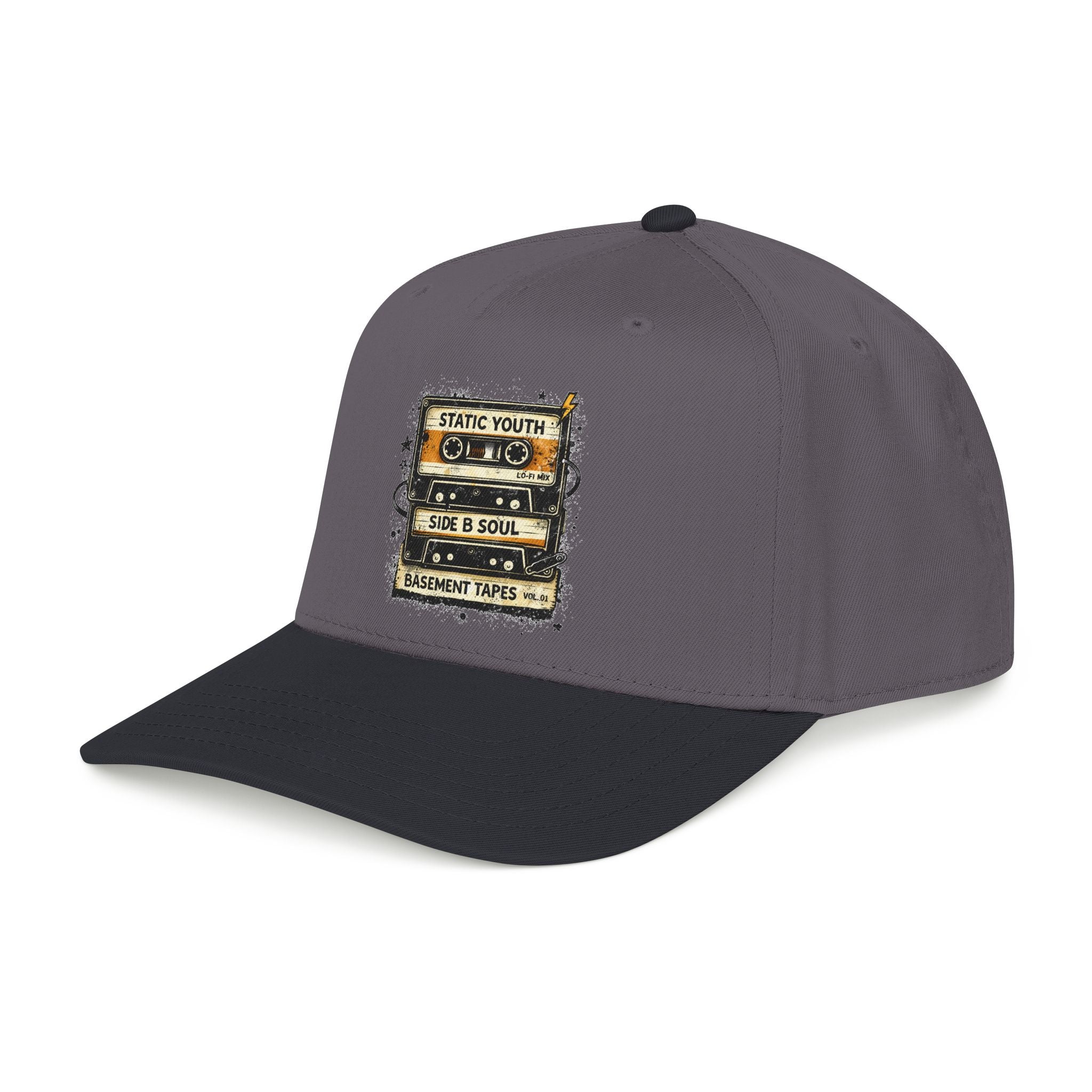 Vintage Cassette Baseball Cap — "Static Youth / Side B Soul" Retro Tape Design - Creations by Chris and Carlos