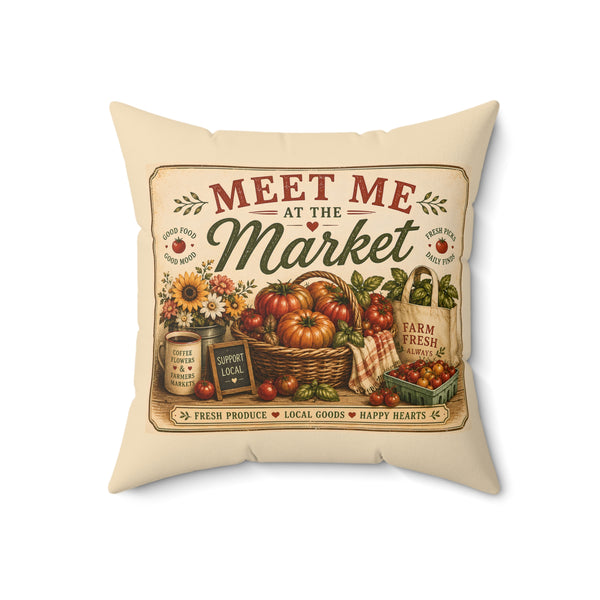 Old Soul Mercantile | Meet Me at the Market Throw Pillow — Farmhouse Pumpkin & Sunflower Decorative Cushion
