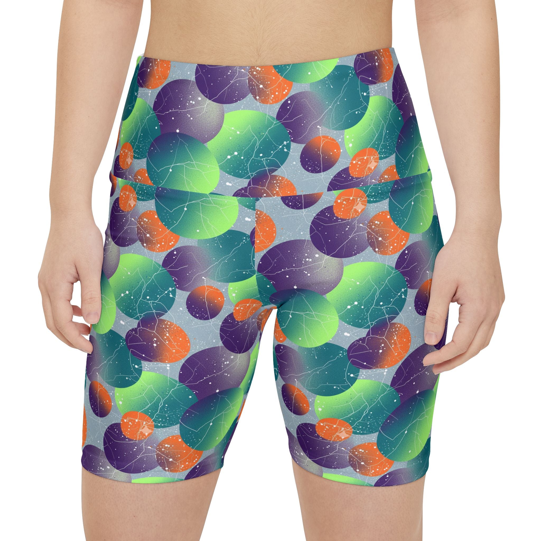 Multi Bubble Print Women's Workout Shorts — High-Waist Activewear Bike Shorts - Creations by Chris and Carlos