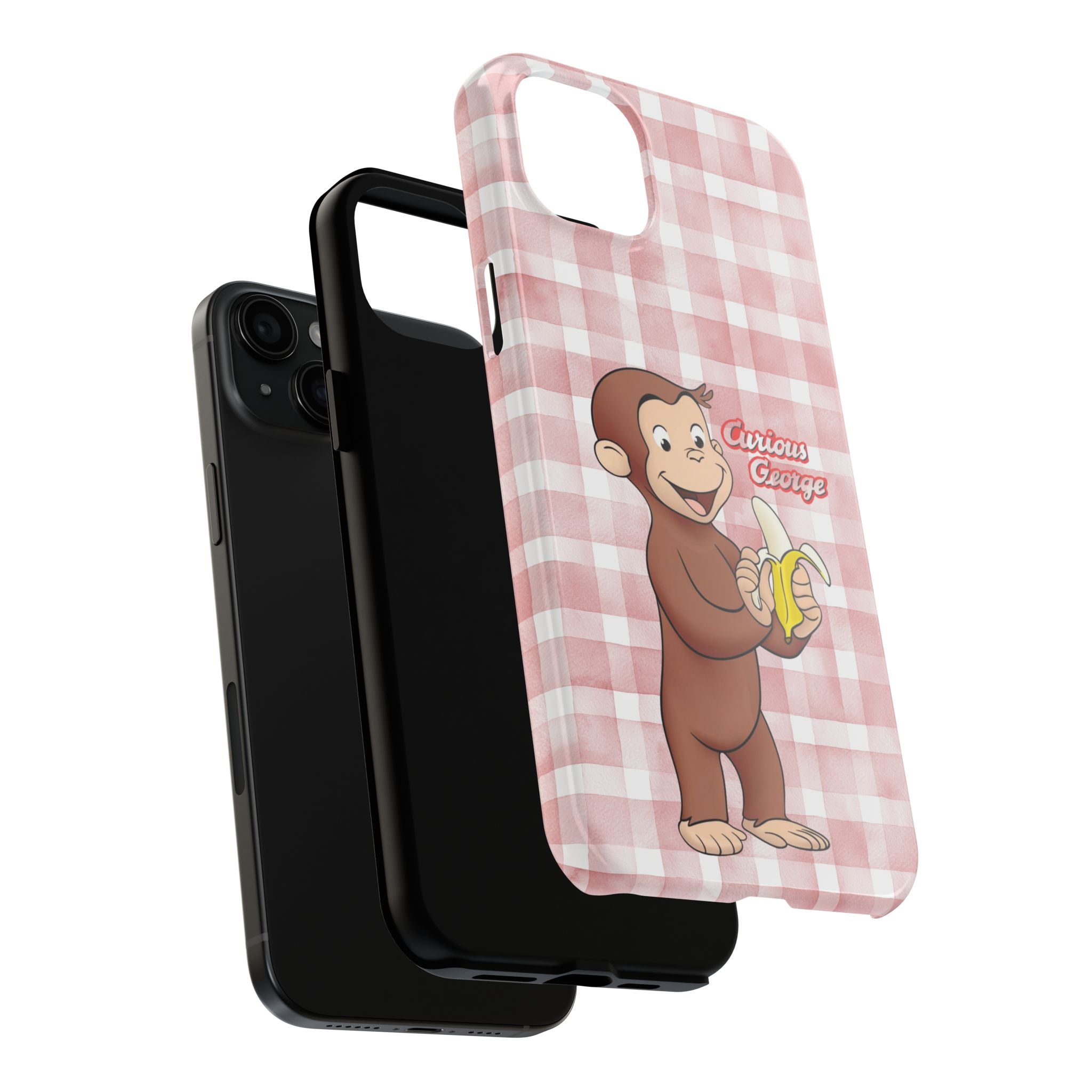 Curious George Banana Tough Phone Case — Cute Kids iPhone Cover, Pink Gingham Protective Case - Creations by Chris and Carlos