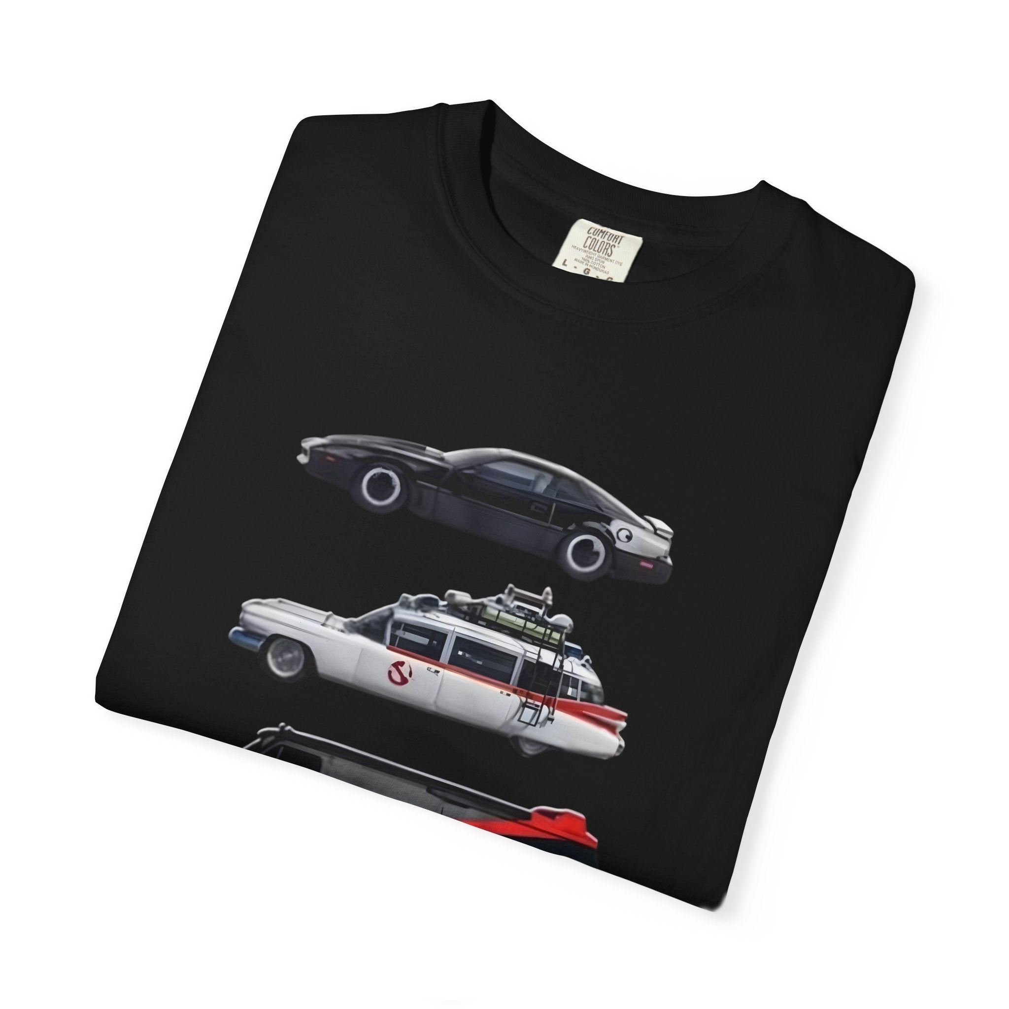 Classic TV Movie Car Stack T-Shirt — KITT, Ghostbusters, A-Team & DeLorean Tribute - Creations by Chris and Carlos