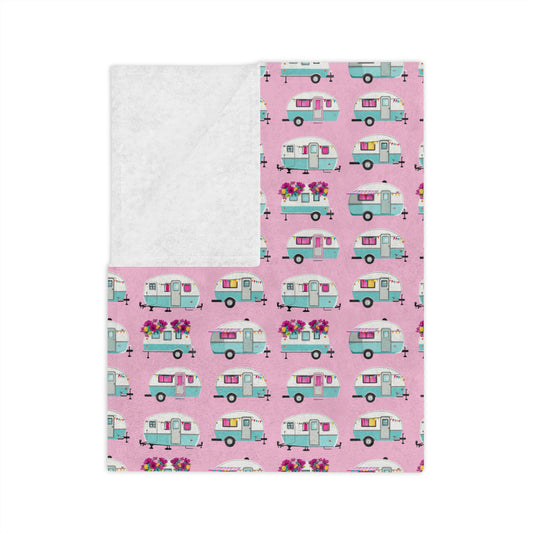 The Sugar Shack- Pink Retro Camper Velveteen Microfiber Blanket Cute Travel Van Pattern Throw - Creations by Chris and Carlos