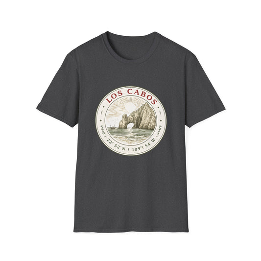 Los Cabos Arch Vintage Graphic T-Shirt — Beach Souvenir Tee with Coordinates - Creations by Chris and Carlos