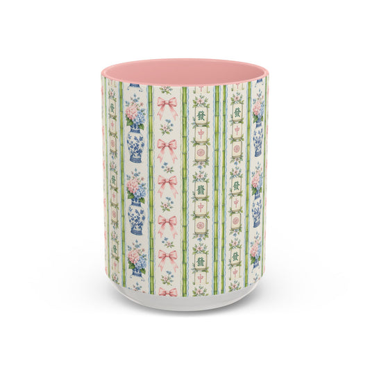Vintage Floral Stripe Coffee Mug — Pink Accent & Bow Pattern (11/15 oz) - Creations by Chris and Carlos