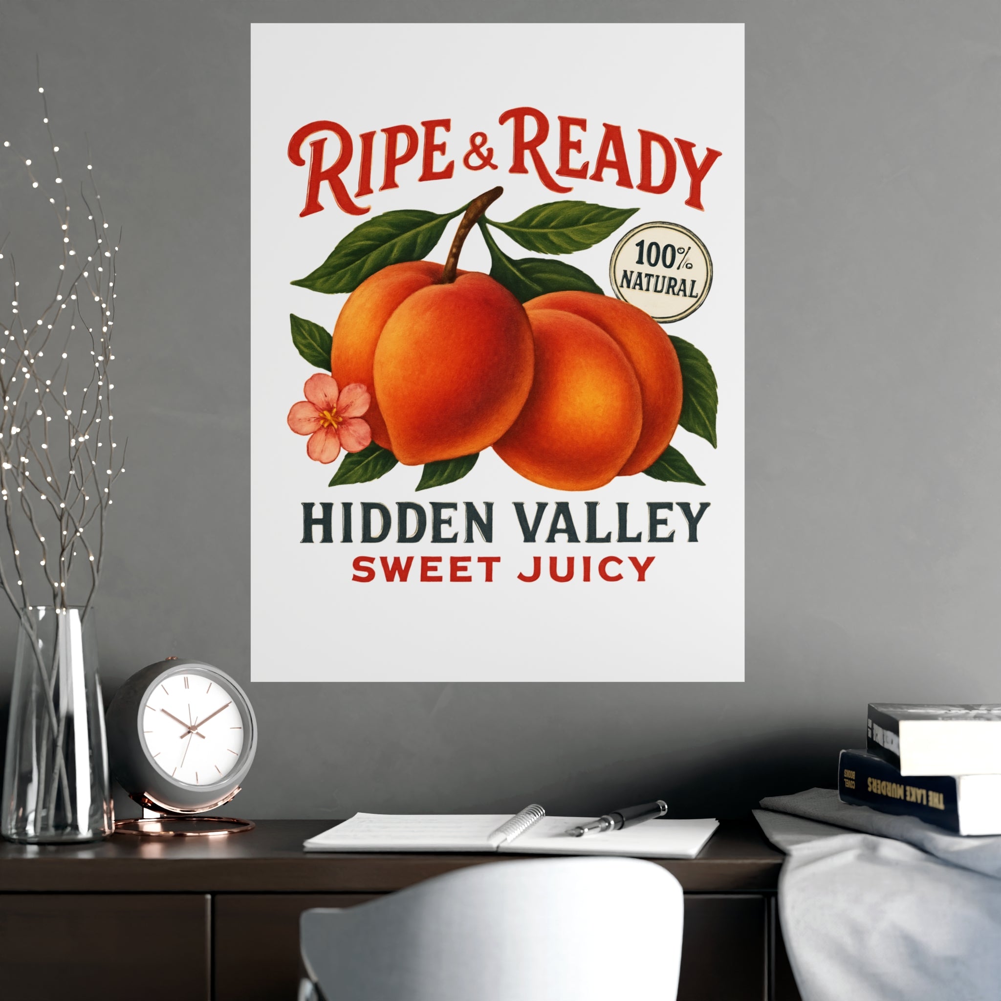 Ripe & Ready Peach Poster — Vintage Fruit Kitchen Wall Art (Hidden Valley, Sweet Juicy) - Creations by Chris and Carlos