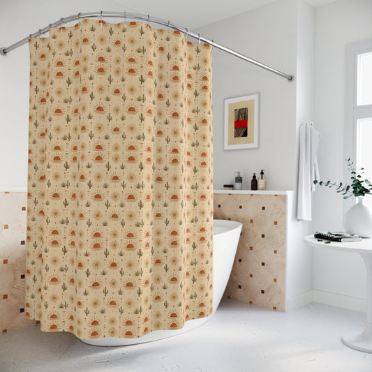 Desert Sunset Shower Curtain — Boho Cactus & Sun Pattern - Creations by Chris and Carlos