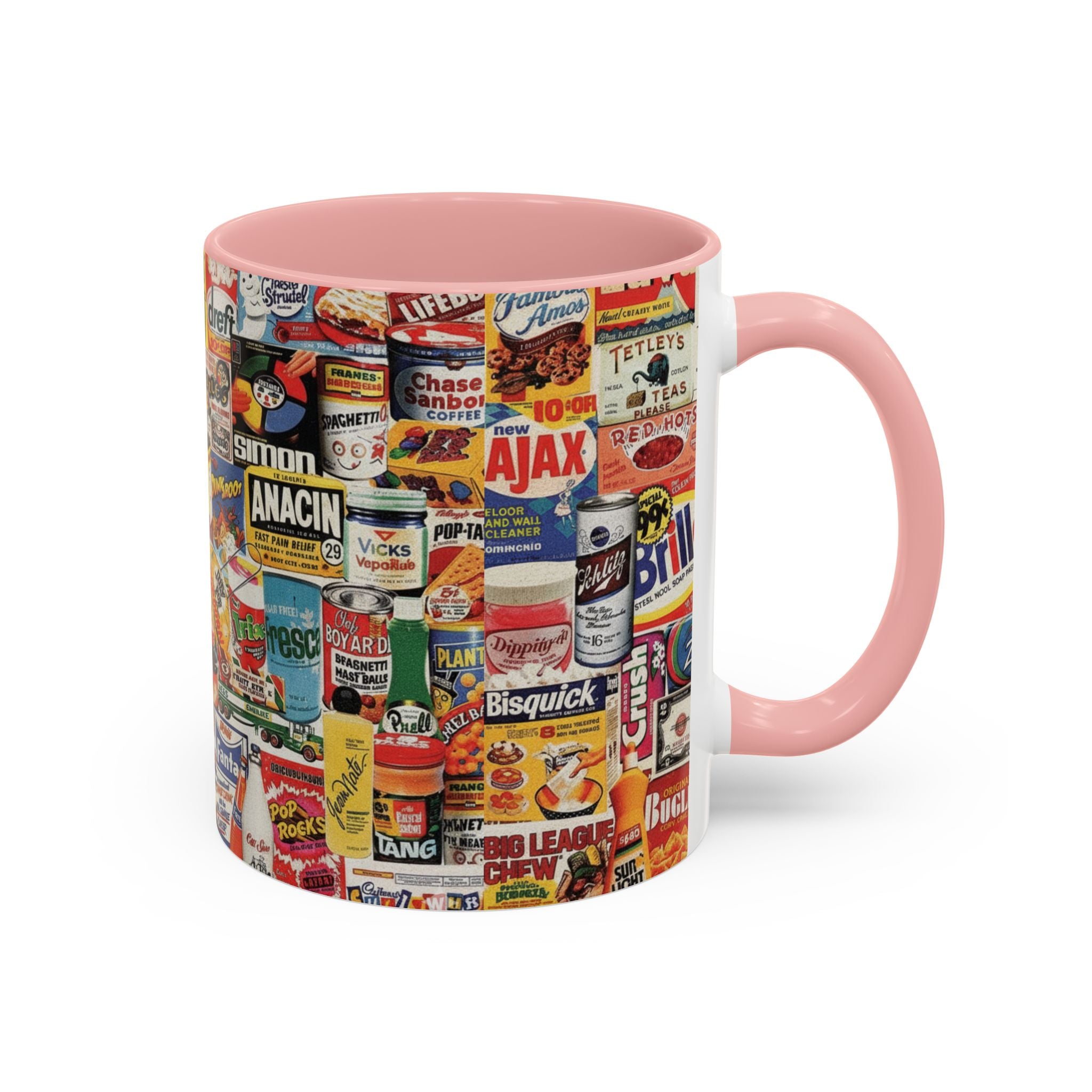 Vintage Retro Ads Coffee Mug — Collage of Classic Brand Labels (11/15oz Accent Mug) - Creations by Chris and Carlos