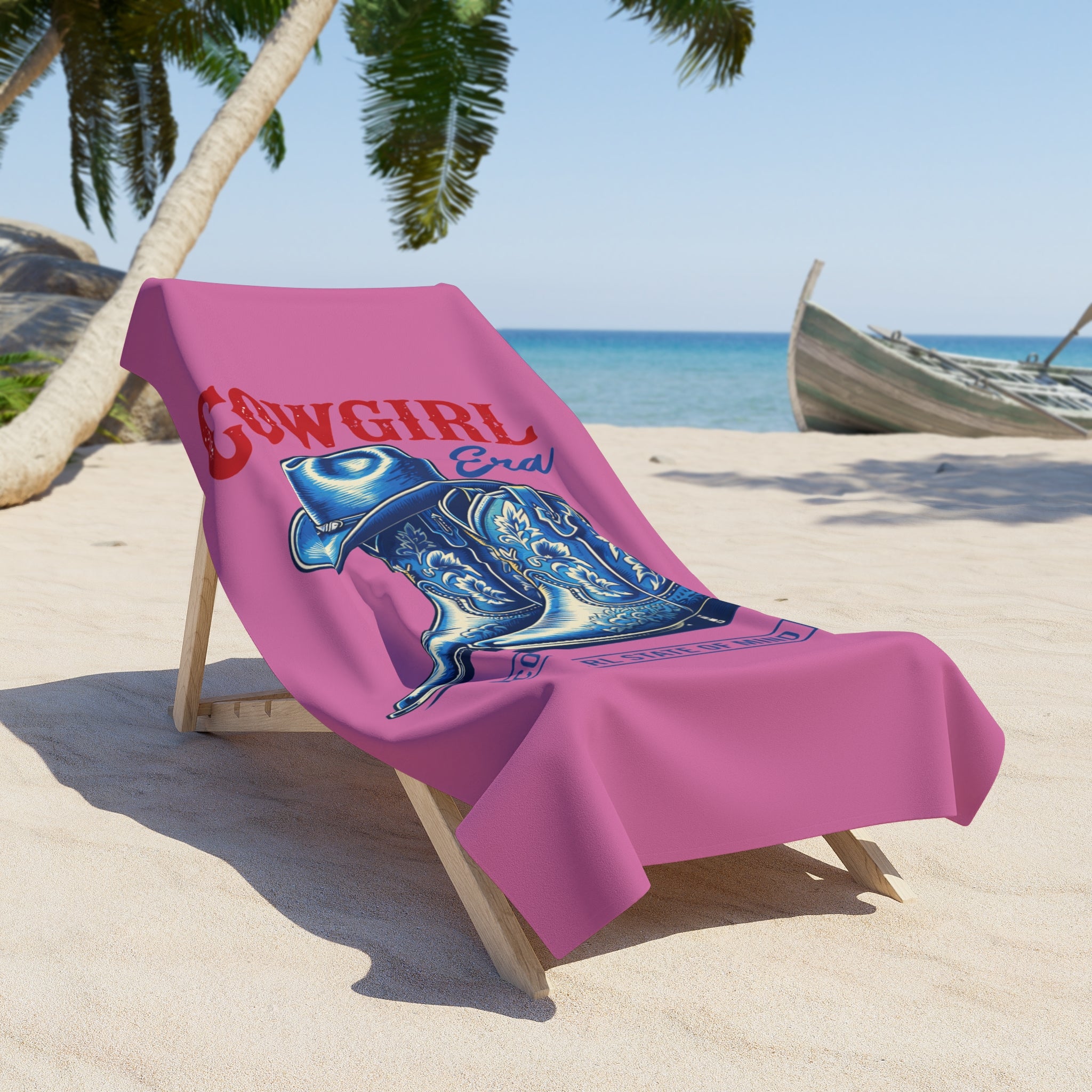 Cowgirl Era Beach Towel — Pink Western Cowboy Boots Design - Creations by Chris and Carlos