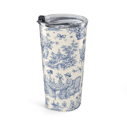 20oz Blue Toile Travel Tumbler – Vintage Floral Porcelain Pattern - Creations by Chris and Carlos