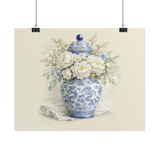 Rolled Poster — Blue & White Porcelain Vase Floral Print - Creations by Chris and Carlos