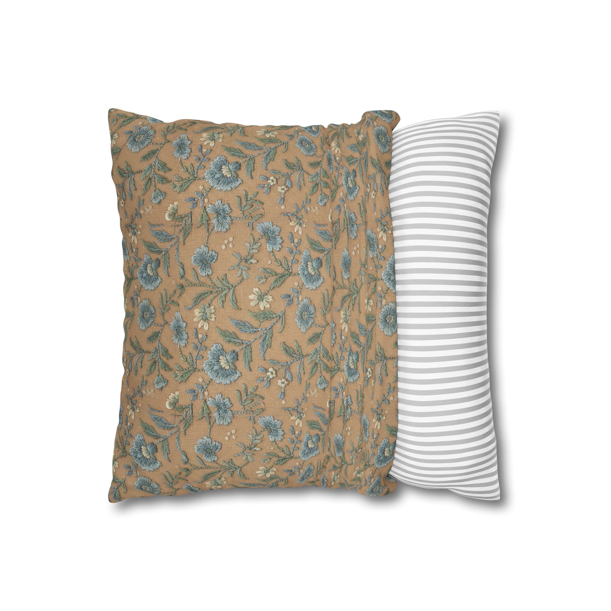 Plumstead Manor Geometric Vintage Floral Pillowcase — Blue Beige Botanical Square Pillow - Creations by Chris and Carlos