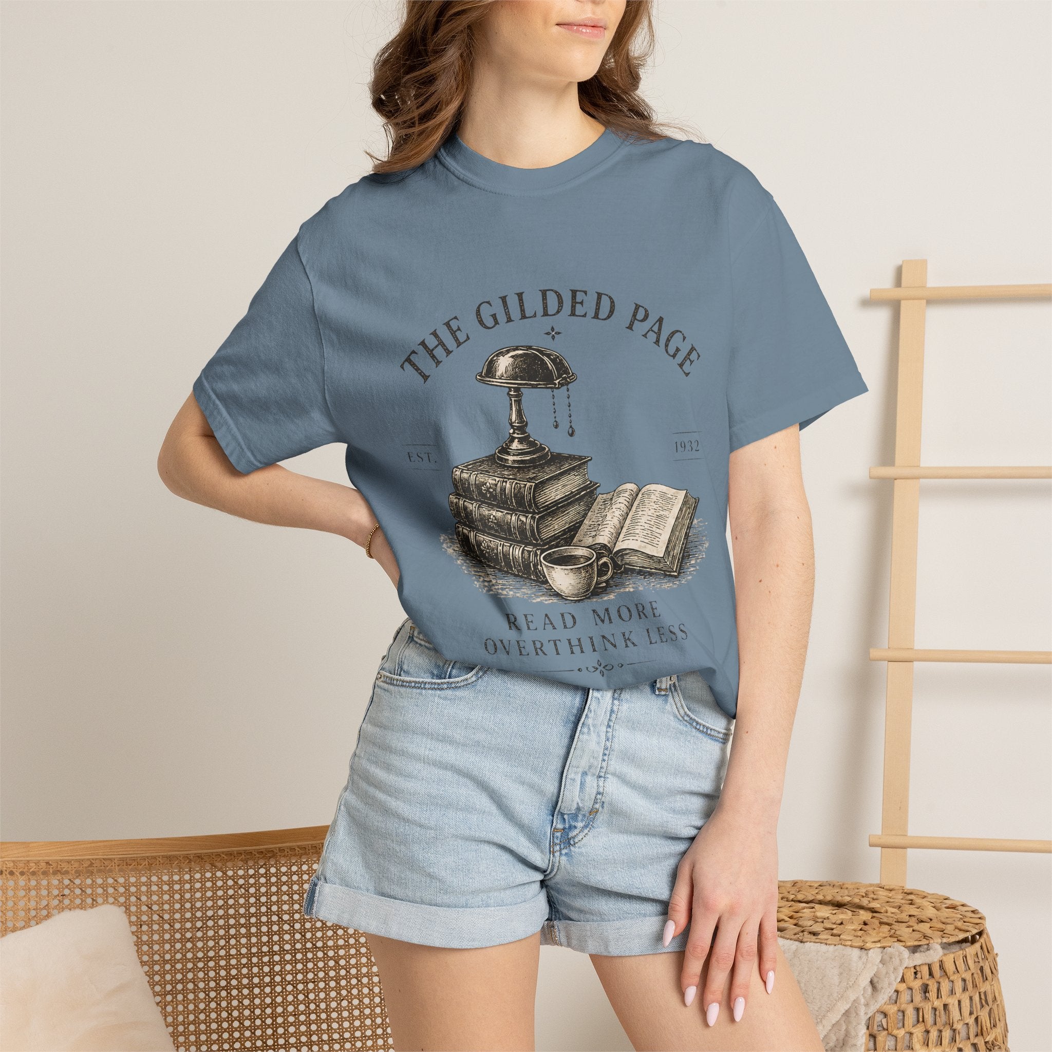 Vintage Book Lovers T‑Shirt — “The Gilded Page: Read More, Overthink Less” - Creations by Chris and Carlos